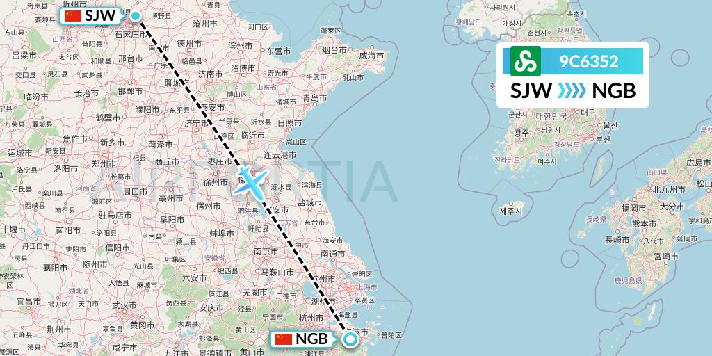 9C6352 Spring Airlines Flight Map: Shijiazhuang to Ningbo