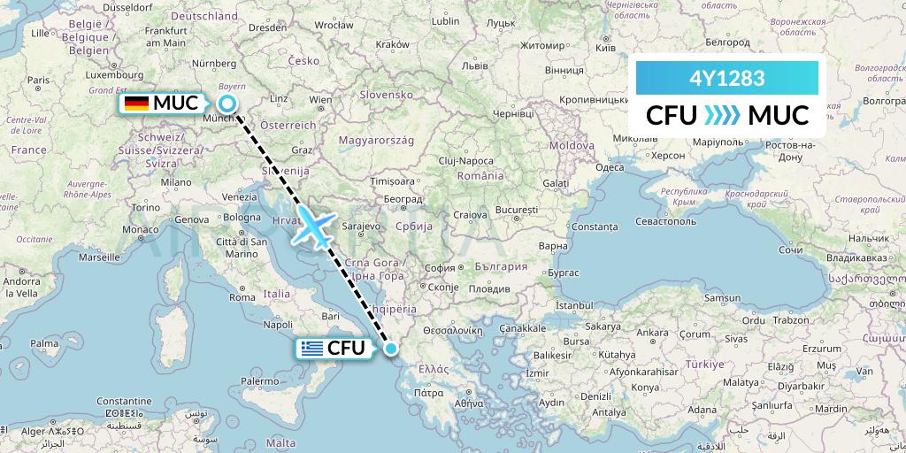 4Y1283 Eurowings Discover Flight Map: Corfu to Munich