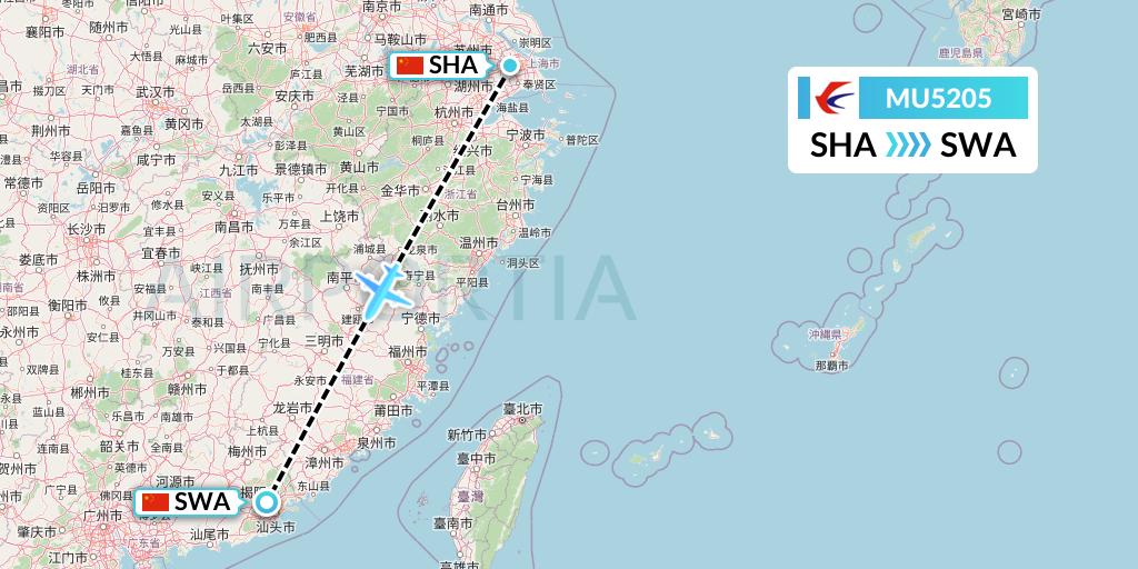 MU5205 China Eastern Airlines Flight Map: Shanghai to Jieyang