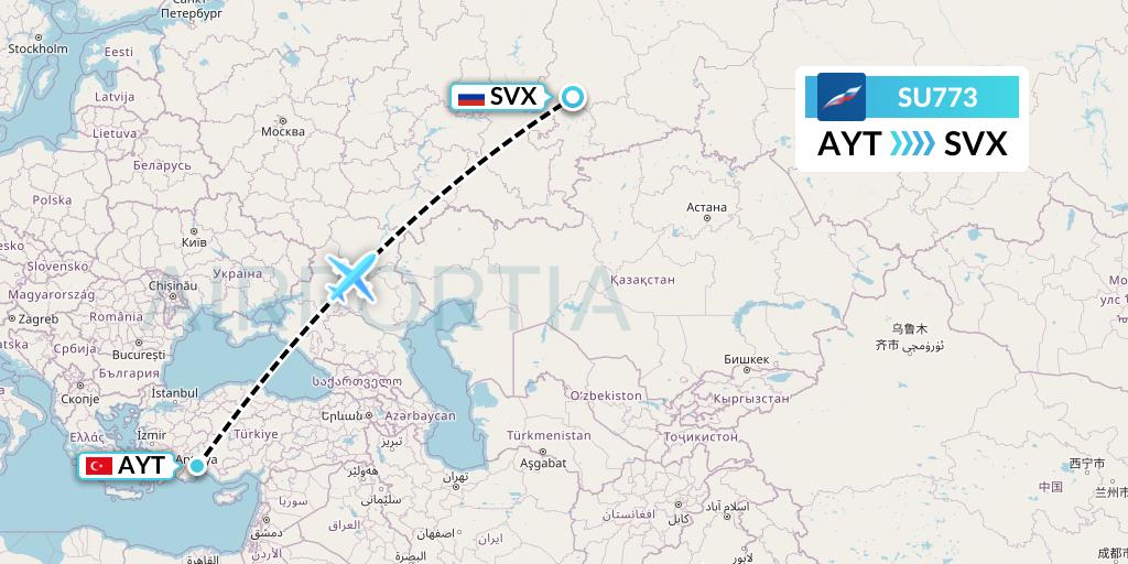 SU773 Aeroflot Flight Map: Antalya to Yekaterinburg
