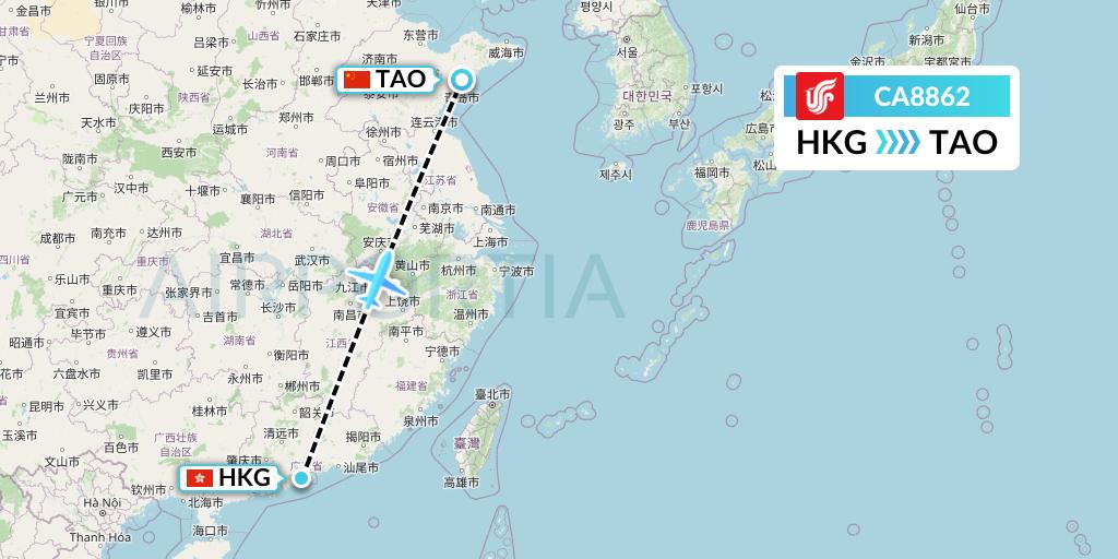 CA8862 Air China Flight Map: Hong Kong to Qingdao