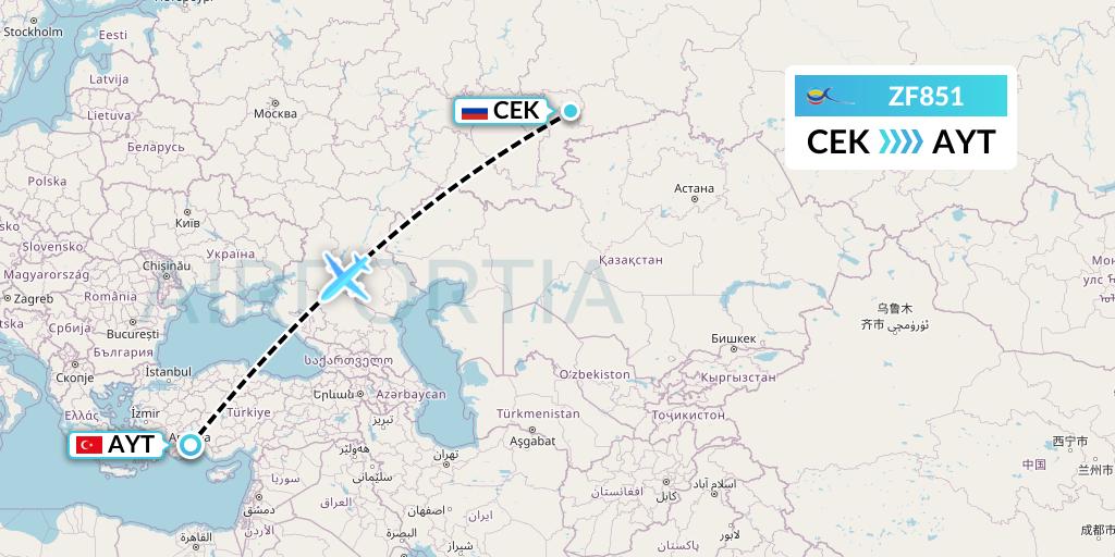 ZF851 Azur Air Flight Map: Chelyabinsk to Antalya