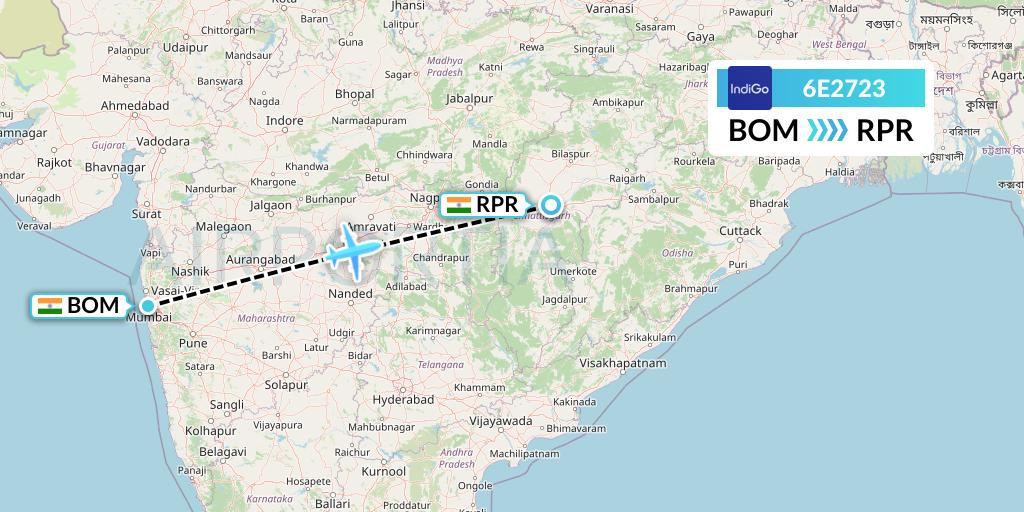 6E2723 IndiGo Airlines Flight Map: Mumbai to Raipur
