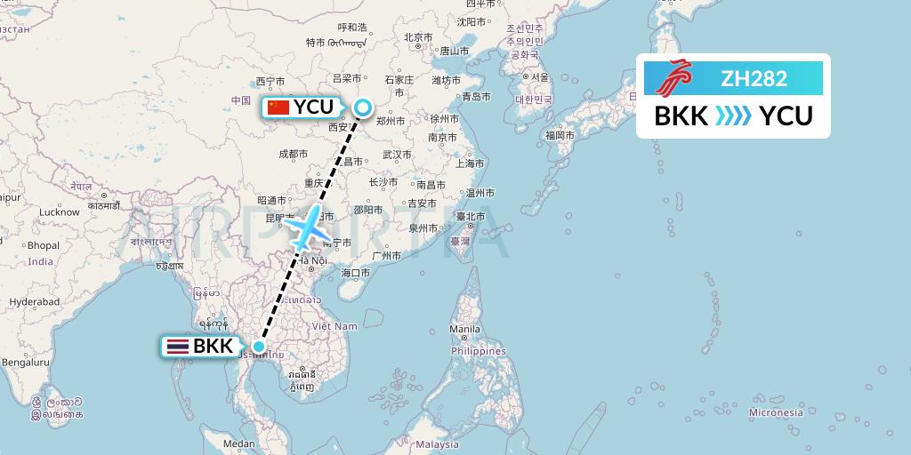 ZH282 Shenzhen Airlines Flight Map: Bangkok to Yuncheng