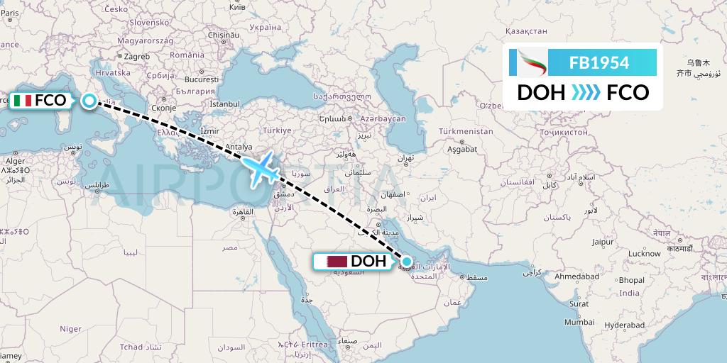 FB1954 Bulgaria Air Flight Map: Doha to Rome