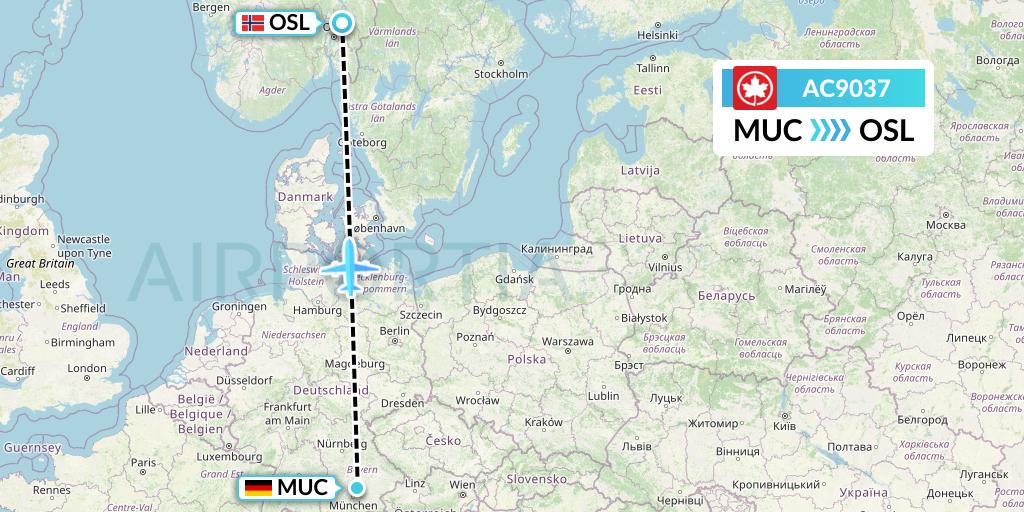 AC9037 Air Canada Flight Map: Munich to Oslo