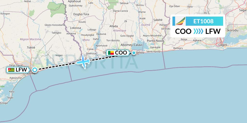 ET1008 Ethiopian Airlines Flight Map: Cotonou to Lome