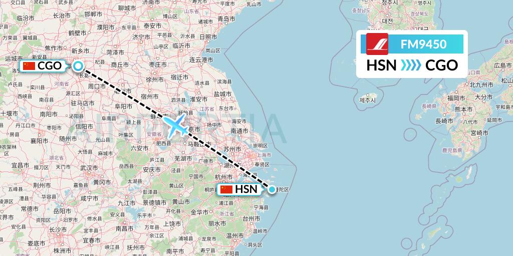 FM9450 Shanghai Airlines Flight Map: Zhoushan to Zhengzhou