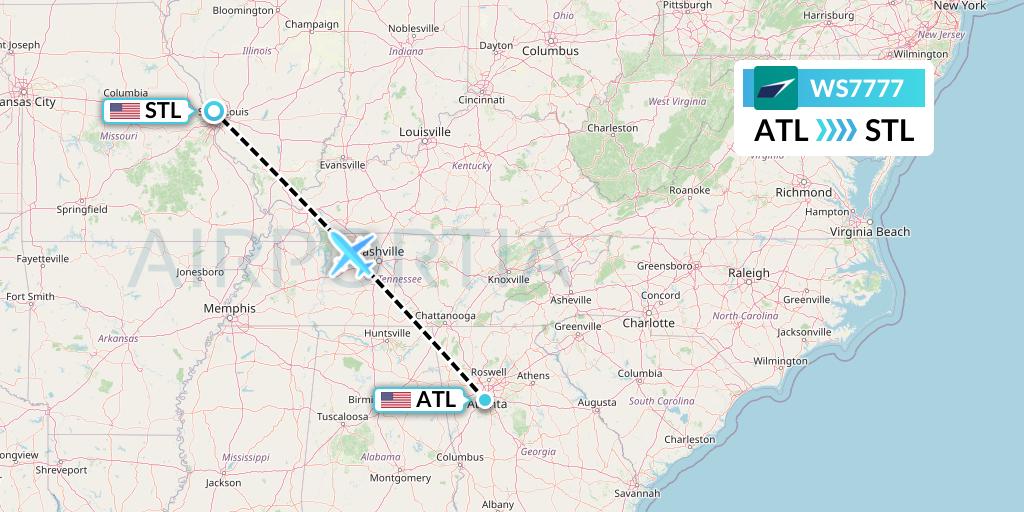 WS7777 WestJet Flight Map: Atlanta to St. Louis