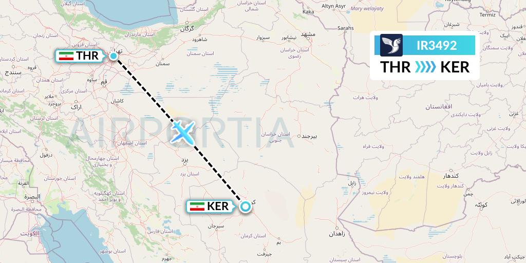 IR3492 Iran Air Flight Map: Tehran to Kerman