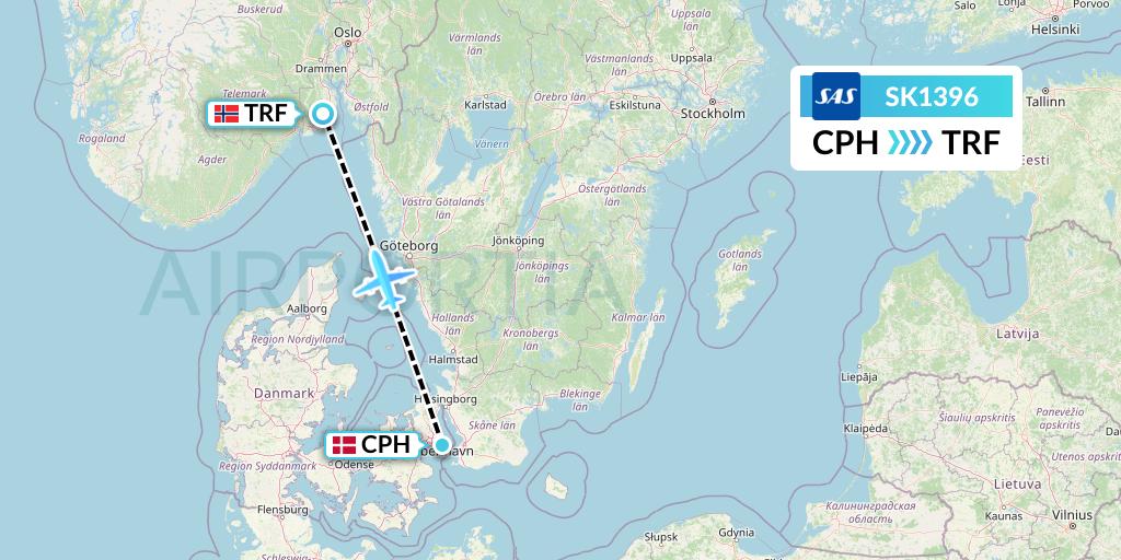 SK1396 SAS Flight Map: Copenhagen to Oslo