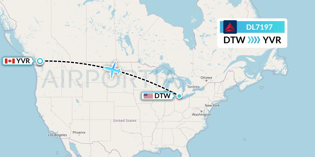DL7197 Delta Air Lines Flight Map: Detroit to Vancouver
