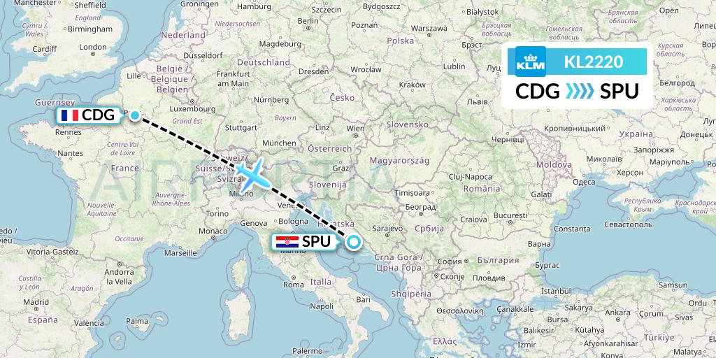 KL2220 KLM Flight Map: Paris to Split