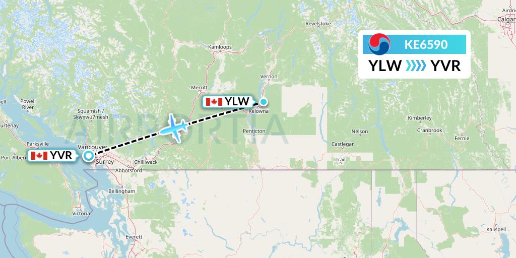 KE6590 Korean Air Flight Map: Kelowna to Vancouver
