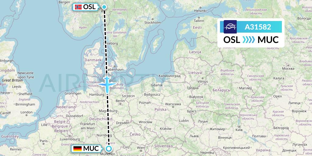 A31582 Aegean Airlines Flight Map: Oslo to Munich