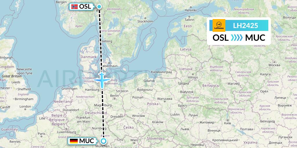 LH2425 Lufthansa Flight Map: Oslo to Munich