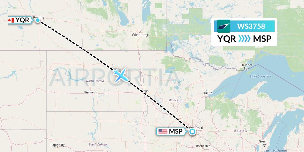 WS3758 WestJet Flight Map: Regina to Minneapolis
