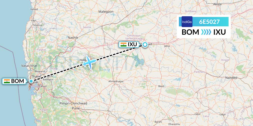 6E5027 IndiGo Airlines Flight Map: Mumbai to Aurangabad