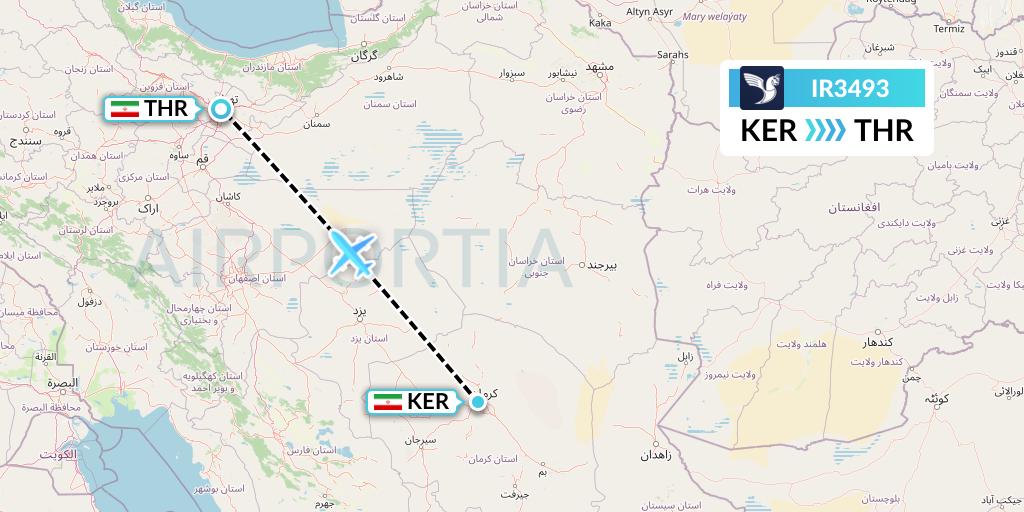 IR3493 Iran Air Flight Map: Kerman to Tehran
