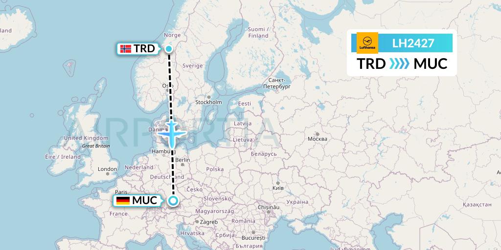 LH2427 Lufthansa Flight Map: Trondheim to Munich