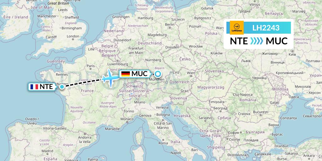 LH2243 Lufthansa Flight Map: Nantes to Munich
