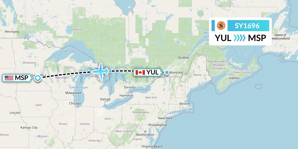 SY1696 Sun Country Airlines Flight Map: Montreal to Minneapolis