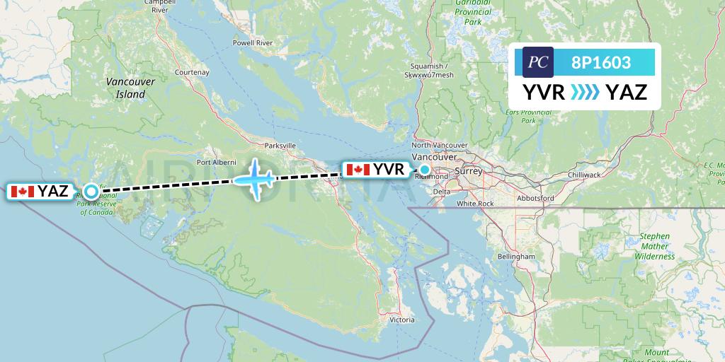 8P1603 Pacific Coastal Airlines Flight Map: Vancouver to Tofino
