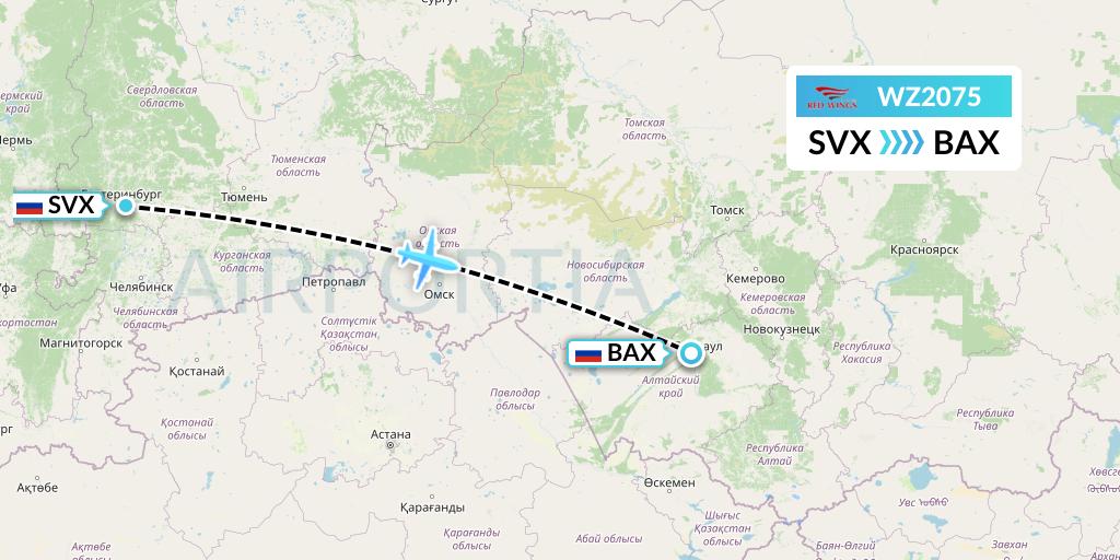 WZ2075 Red Wings Flight Map: Yekaterinburg to Barnaul