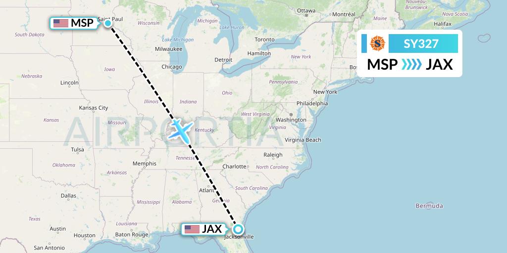 SY327 Sun Country Airlines Flight Map: Minneapolis to Jacksonville