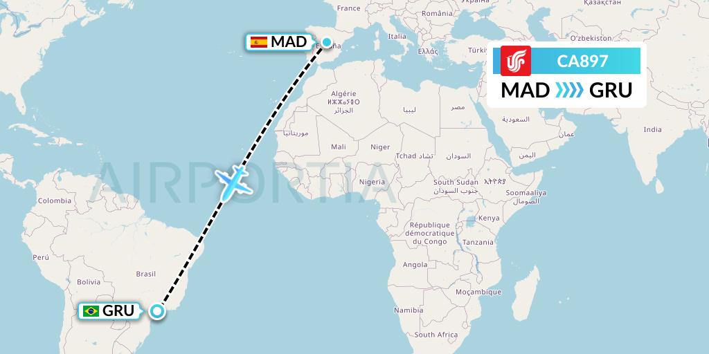CA897 Air China Flight Map: Madrid to Sao Paulo