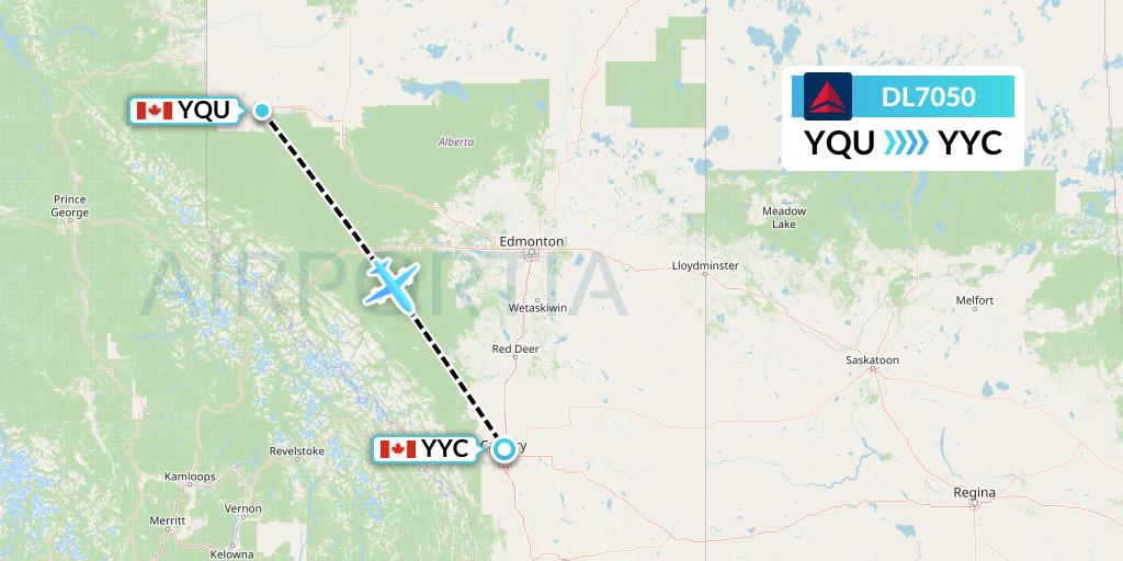 DL7050 Delta Air Lines Flight Map: Grande Prairie to Calgary