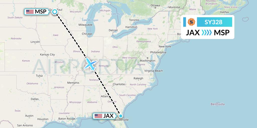 SY328 Sun Country Airlines Flight Map: Jacksonville to Minneapolis