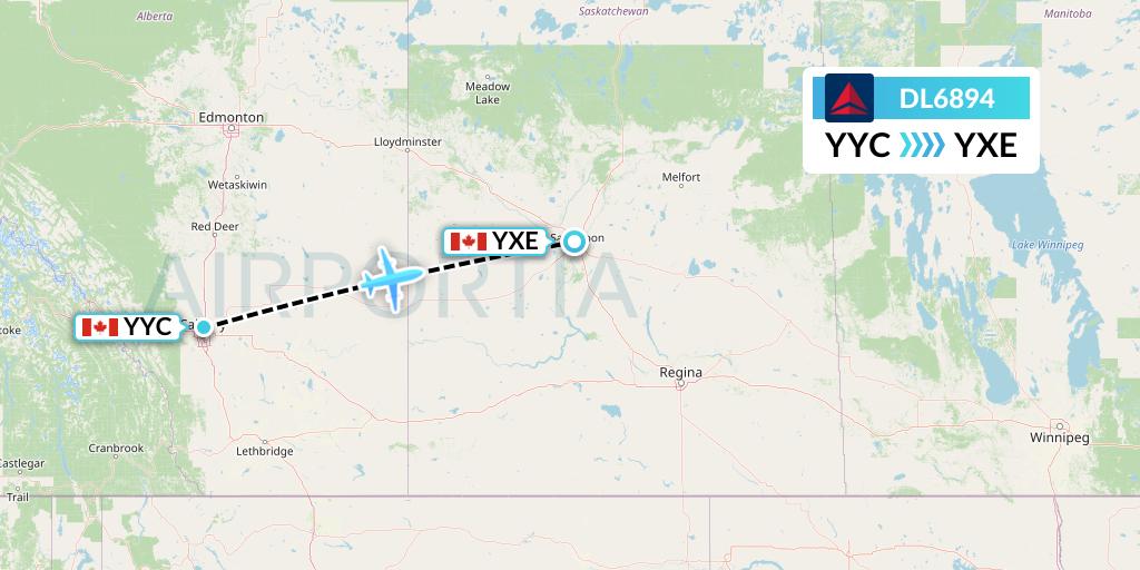 DL6894 Delta Air Lines Flight Map: Calgary to Saskatoon