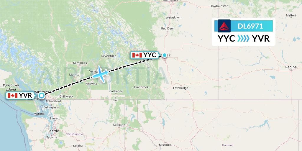 DL6971 Delta Air Lines Flight Map: Calgary to Vancouver