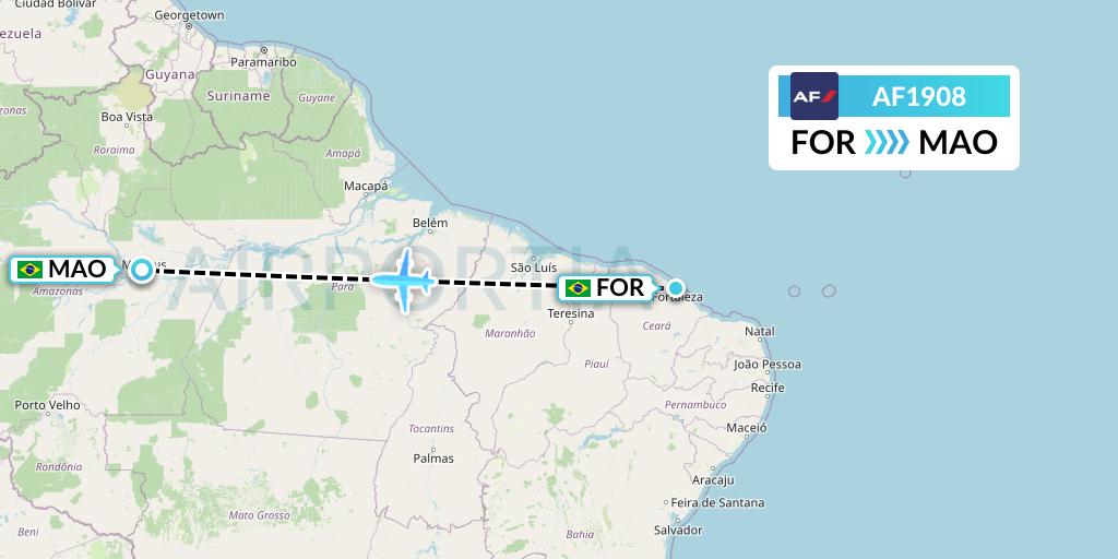AF1908 Air France Flight Map: Fortaleza to Manaus