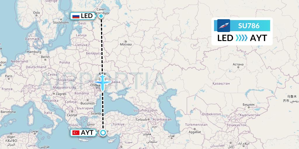 SU786 Aeroflot Flight Map: St. Petersburg to Antalya