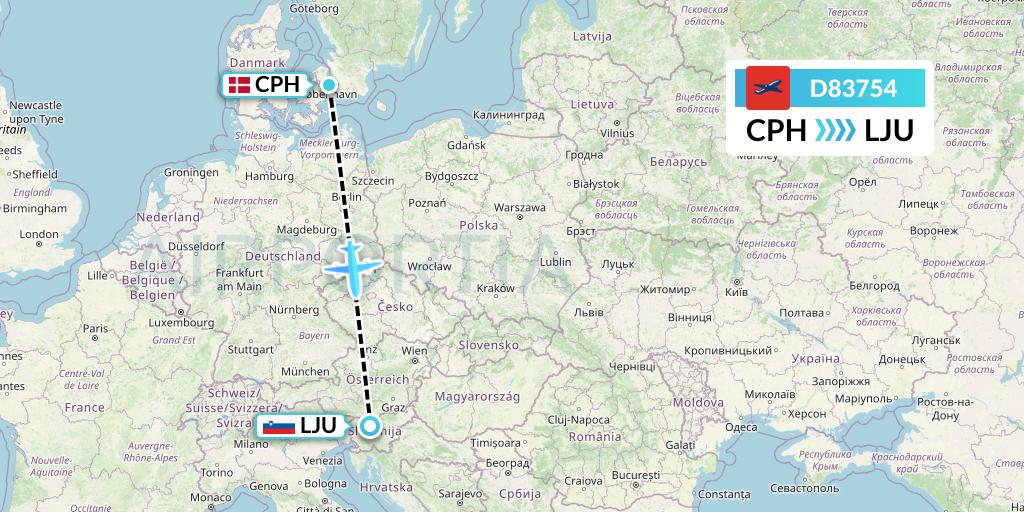 D83754 Norwegian Air International Flight Map: Copenhagen to Ljubljana