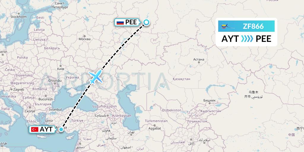 ZF866 Azur Air Flight Map: Antalya to Perm