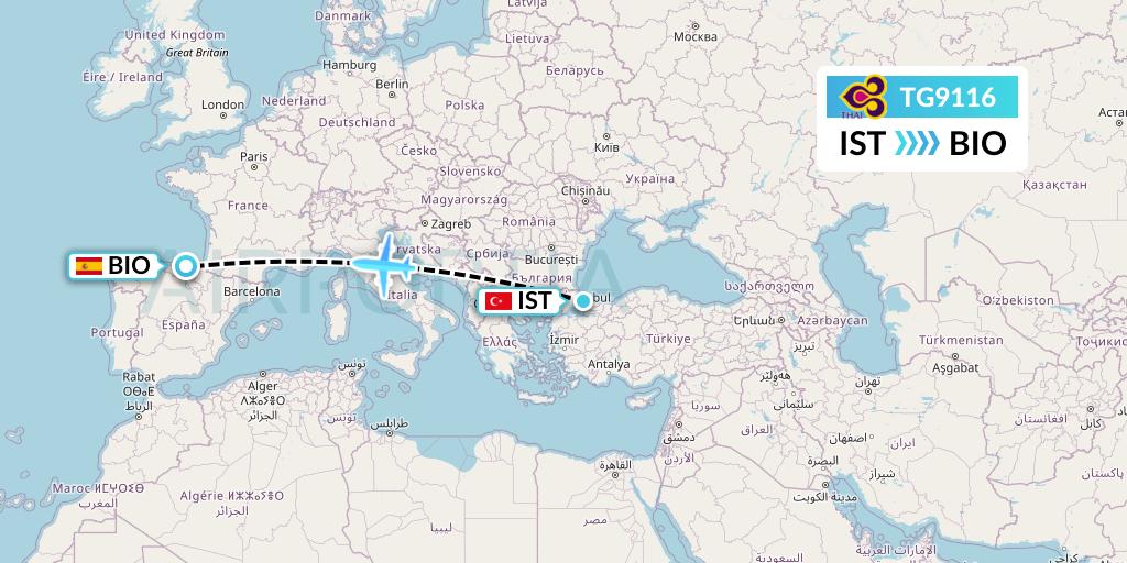 TG9116 Thai Airways Flight Map: Istanbul to Bilbao