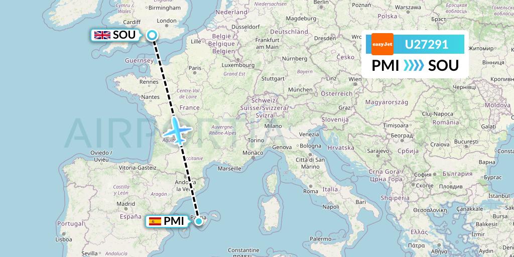 U27291 EasyJet Flight Map: Palma de Mallorca to Southampton