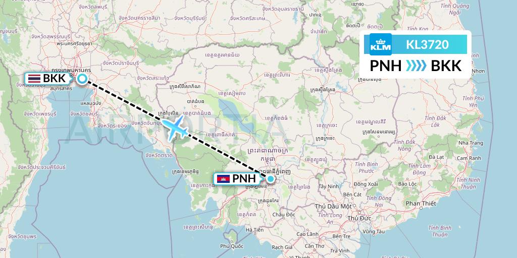 KL3720 KLM Flight Map: Phnom Penh to Bangkok