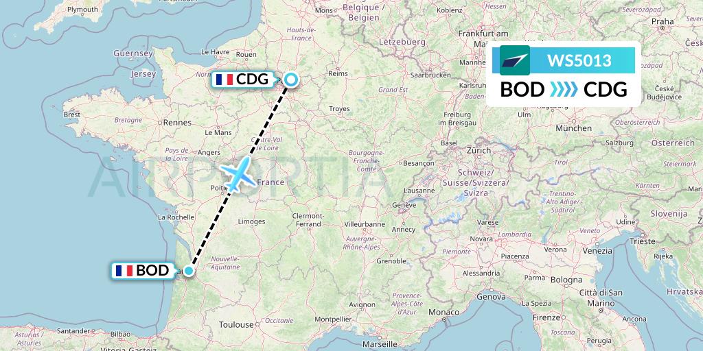 WS5013 WestJet Flight Map: Bordeaux to Paris