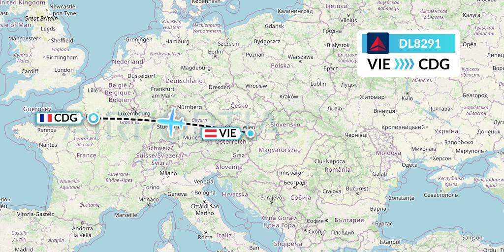 DL8291 Delta Air Lines Flight Map: Vienna to Paris