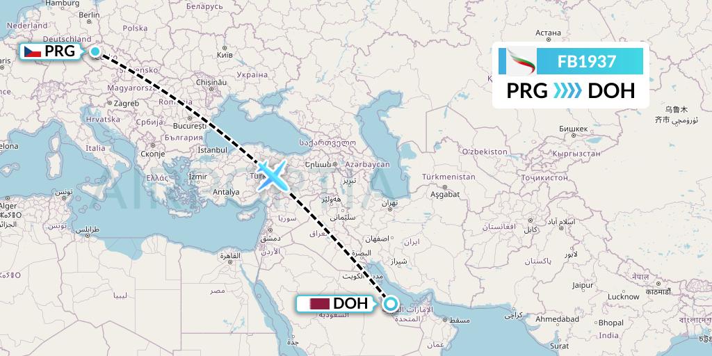 FB1937 Bulgaria Air Flight Map: Prague to Doha