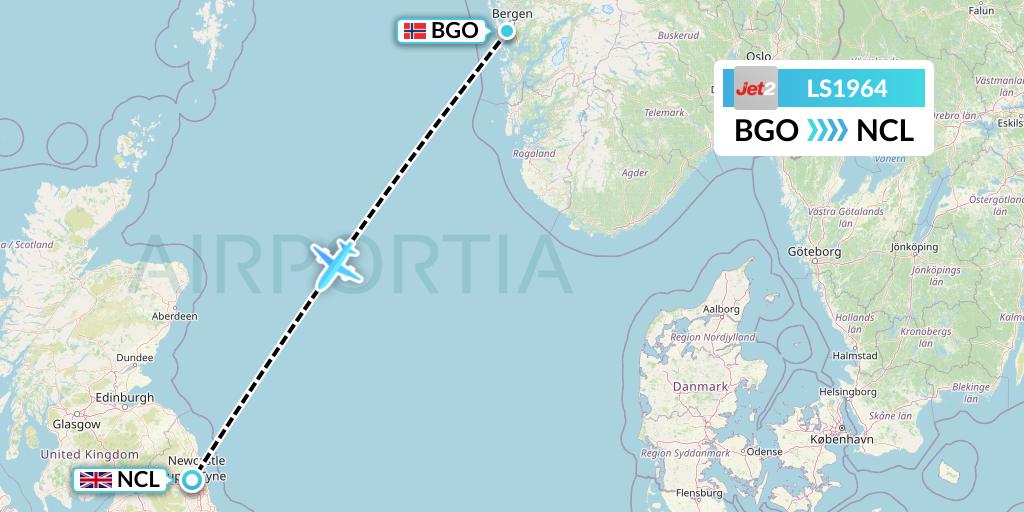 LS1964 Jet2 Flight Map: Bergen to Newcastle