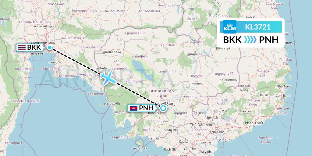 KL3721 KLM Flight Map: Bangkok to Phnom Penh