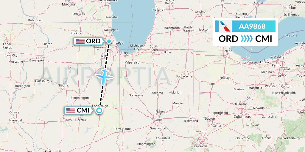 AA9868 American Airlines Flight Map: Chicago to Champaign