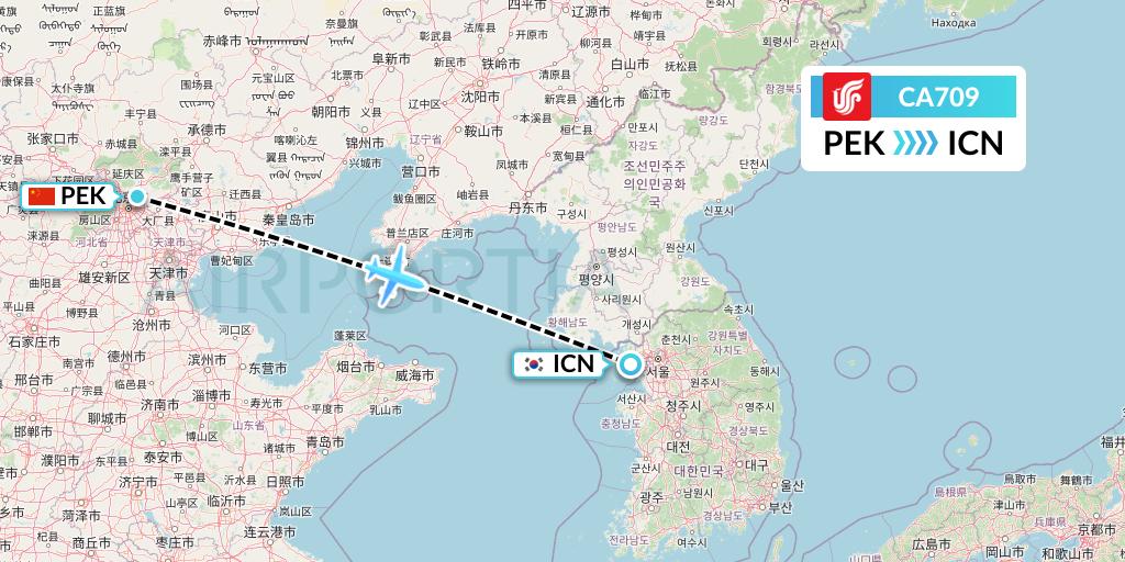 CA709 Air China Flight Map: Beijing to Seoul