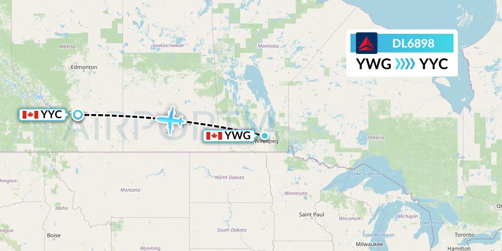 DL6898 Delta Air Lines Flight Map: Winnipeg to Calgary