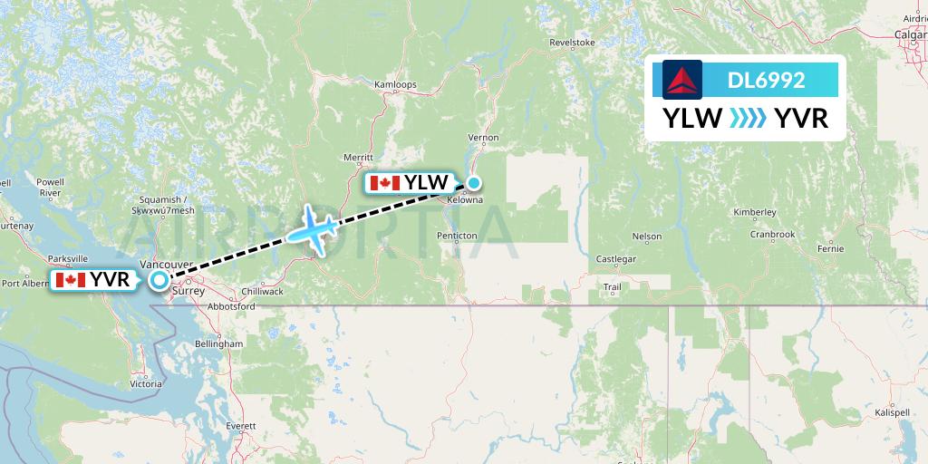 DL6992 Delta Air Lines Flight Map: Kelowna to Vancouver